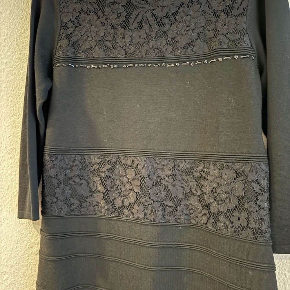 White House Black Market Elegant Black Lace and Gem Women's 3/4 Sleeve Sweater